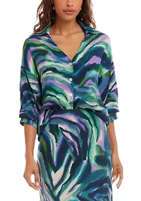 Women's 3/4 Lantern Sleeve Button-Front Print Top