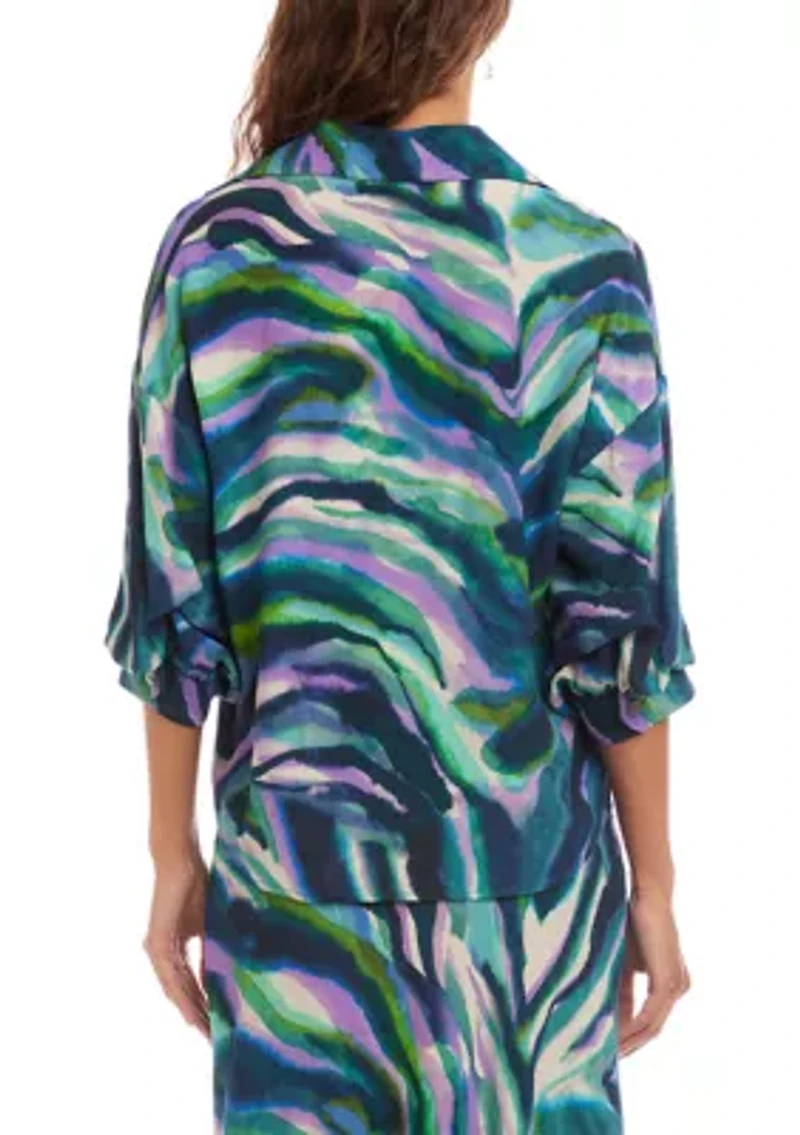 Women's 3/4 Lantern Sleeve Button-Front Print Top
