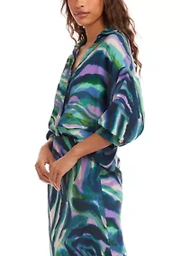 Women's 3/4 Lantern Sleeve Button-Front Print Top