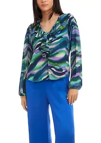 Women's Blouson Sleeve Ruffle Neckline Top