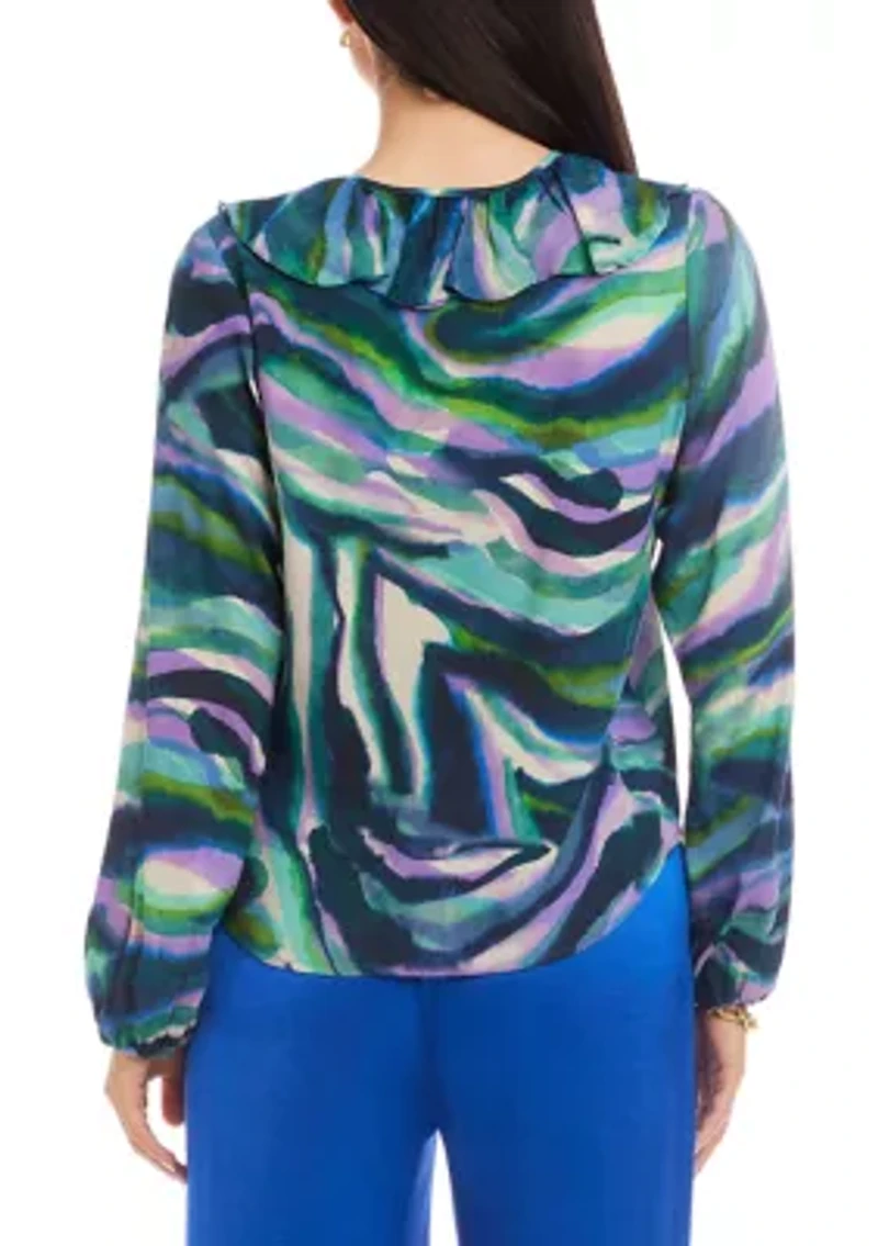 Women's Blouson Sleeve Ruffle Neckline Top