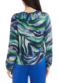 Women's Blouson Sleeve Ruffle Neckline Top