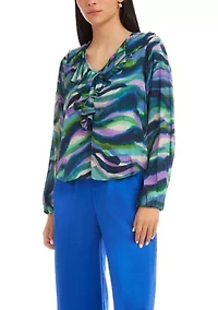 Women's Blouson Sleeve Ruffle Neckline Top