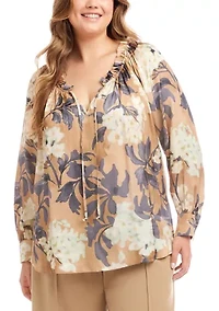 Plus Long Sleeve Ruffle Neck Peasant Top