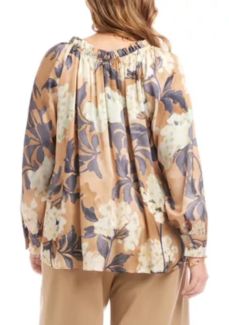 Plus Long Sleeve Ruffle Neck Peasant Top