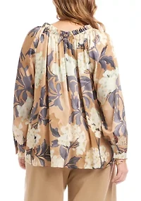 Plus Long Sleeve Ruffle Neck Peasant Top