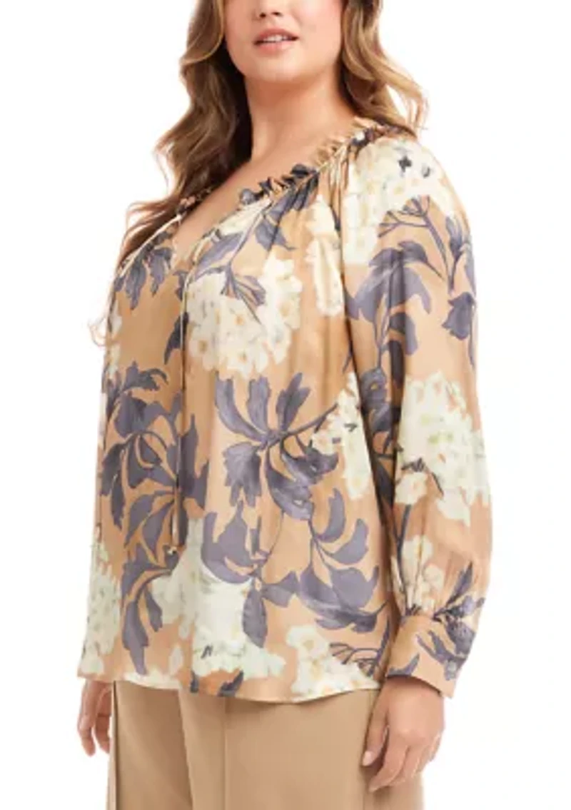 Plus Long Sleeve Ruffle Neck Peasant Top