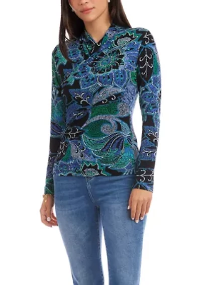 Women's Long Sleeve Drape Front Crossover Top