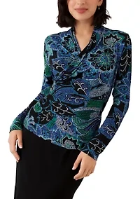 Women's Long Sleeve Drape Front Crossover Top