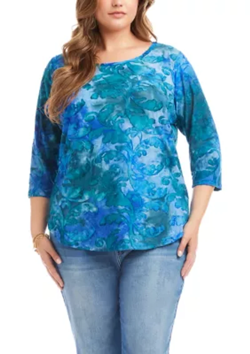 Plus 3/4 Sleeve Burnout Top