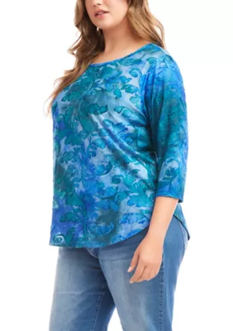 Plus 3/4 Sleeve Burnout Top