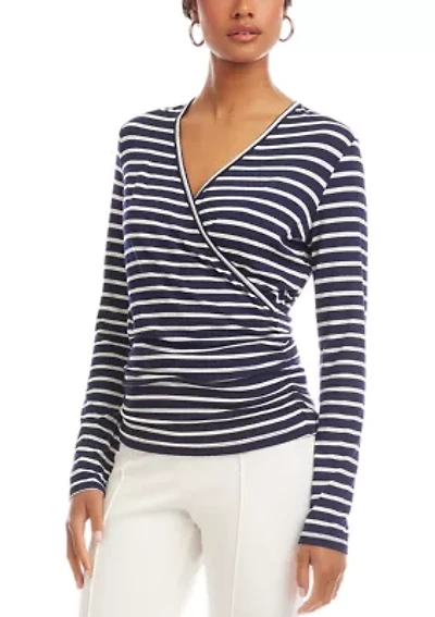 Petite Long Sleeve Stripe Side-Shirred Crossover Top