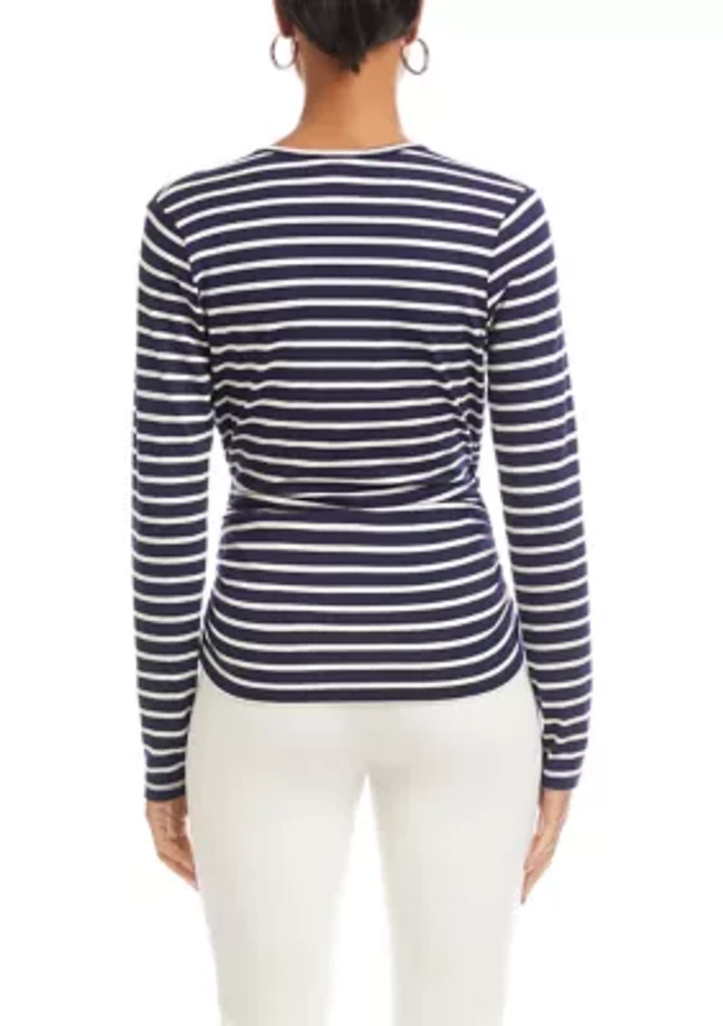 Petite Long Sleeve Stripe Side-Shirred Crossover Top