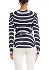Petite Long Sleeve Stripe Side-Shirred Crossover Top
