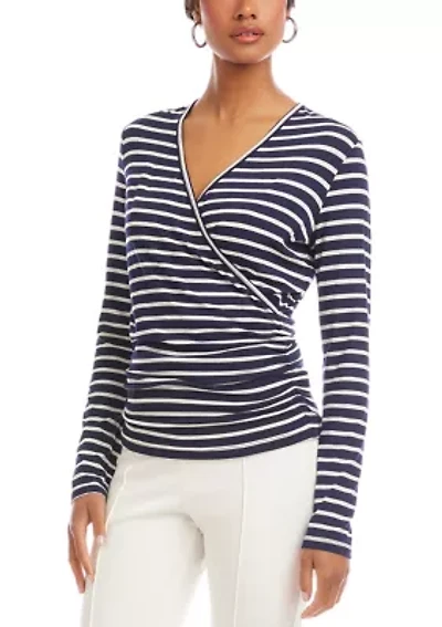 Women's Long Sleeve Striped Side-Shirred Crossover Top