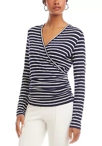 Women's Long Sleeve Striped Side-Shirred Crossover Top