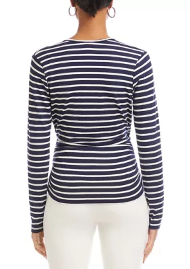 Women's Long Sleeve Striped Side-Shirred Crossover Top