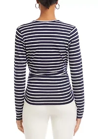 Women's Long Sleeve Striped Side-Shirred Crossover Top