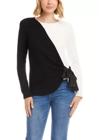 Petite Long Sleeve Satin Bow Color Block Top