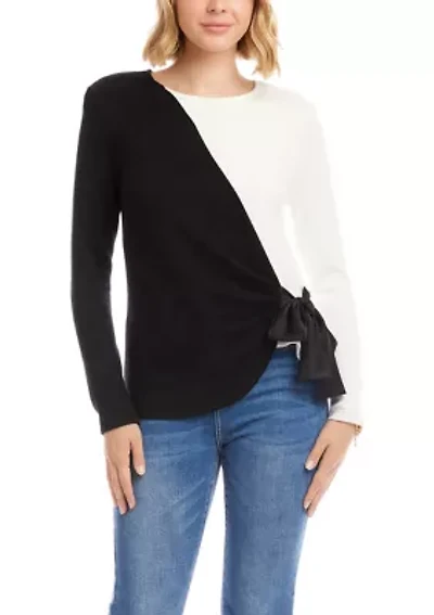 Women's Long Sleeve Color Block Bow Top