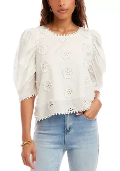 Petite Puff Sleeve Embroidered Top