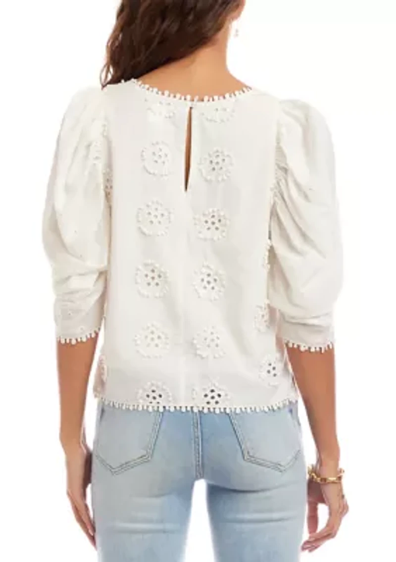 Petite Puff Sleeve Embroidered Top