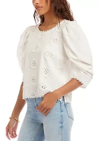 Petite Puff Sleeve Embroidered Top