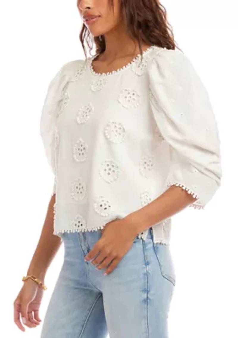 Women's Puff Sleeve Embroidered Top