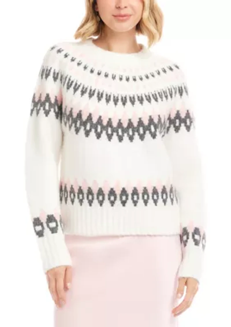 Petite Long Sleeve Jacquard Crew Sweater