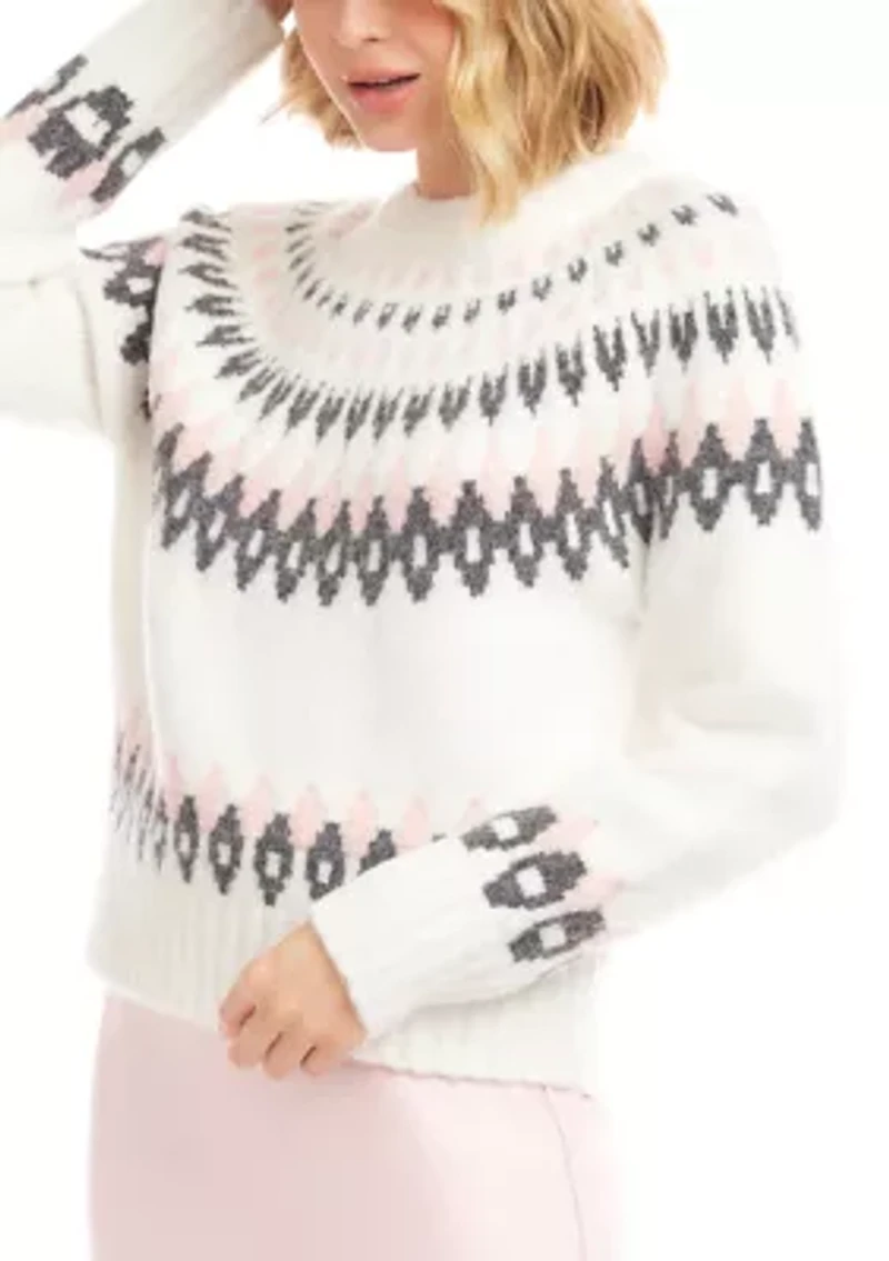 Petite Long Sleeve Jacquard Crew Sweater