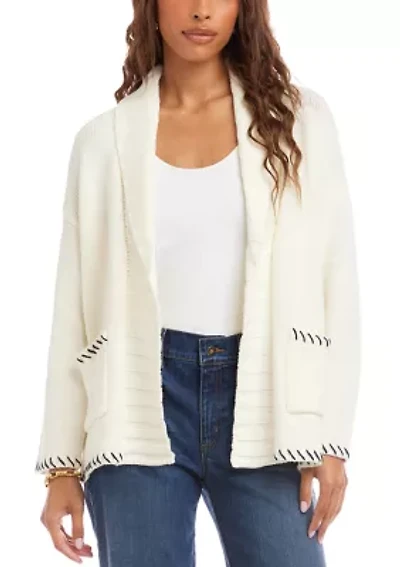 Women's Contrast Stitch Open Front Cardigan Sweater