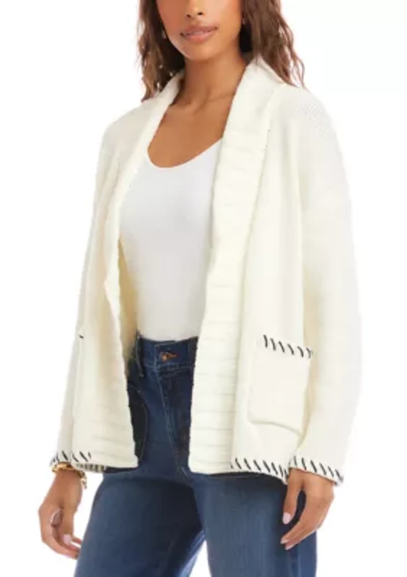 Women's Contrast Stitch Open Front Cardigan Sweater