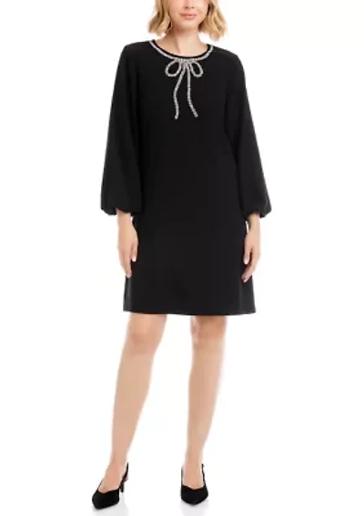 Petite 3/4 Puff Sleeve Embellished Dress