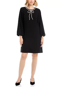 Petite 3/4 Puff Sleeve Embellished Dress