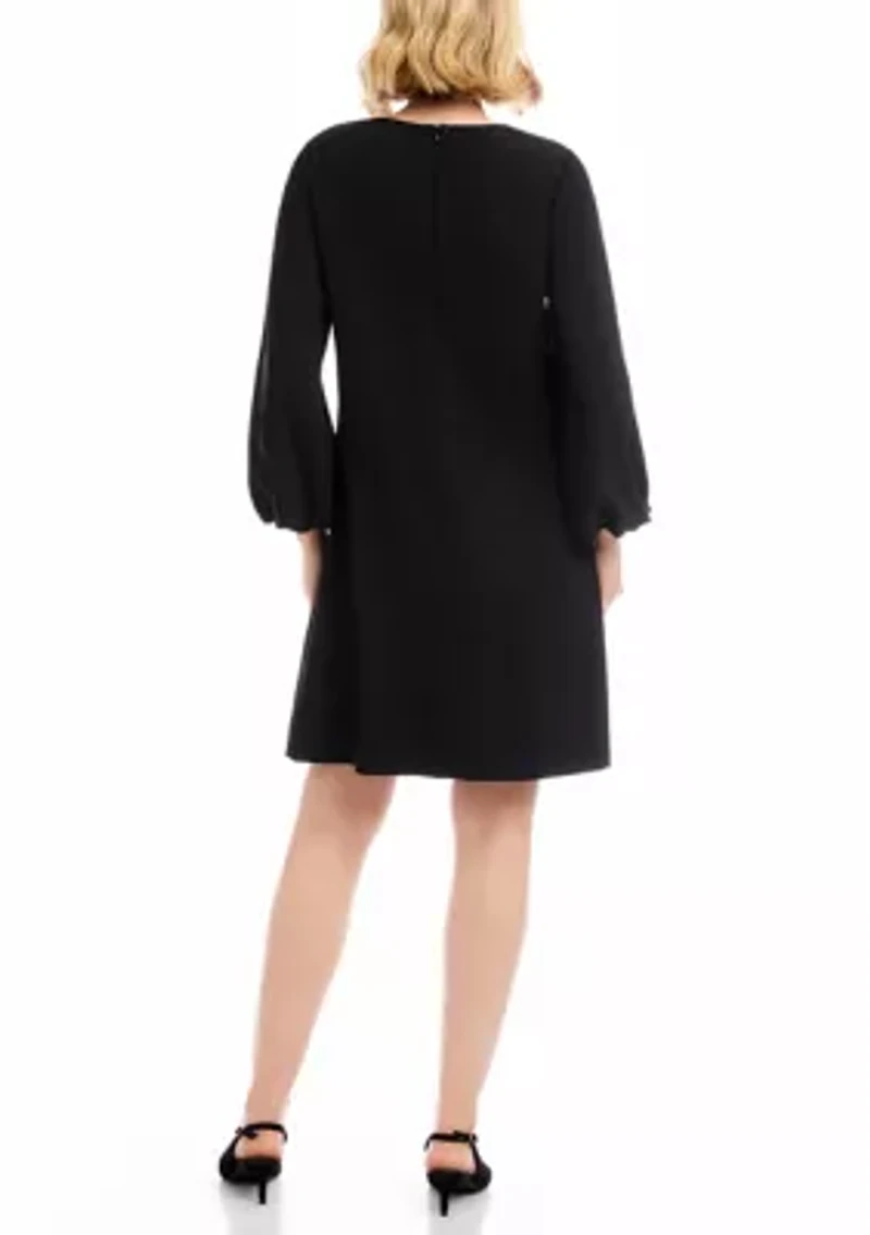 Women's Puff Sleeve Embellished Bow Shift Dress