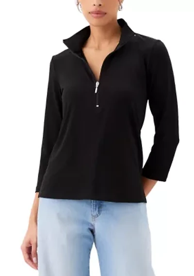 Petite Three-Quarter Sleeve Zip-Up Travel Top