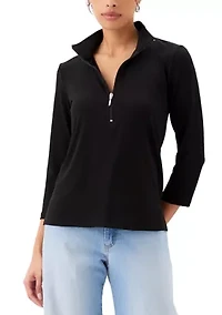 Petite Three-Quarter Sleeve Zip-Up Travel Top