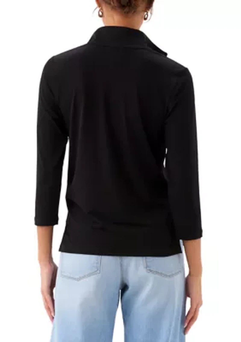 Petite Three-Quarter Sleeve Zip-Up Travel Top