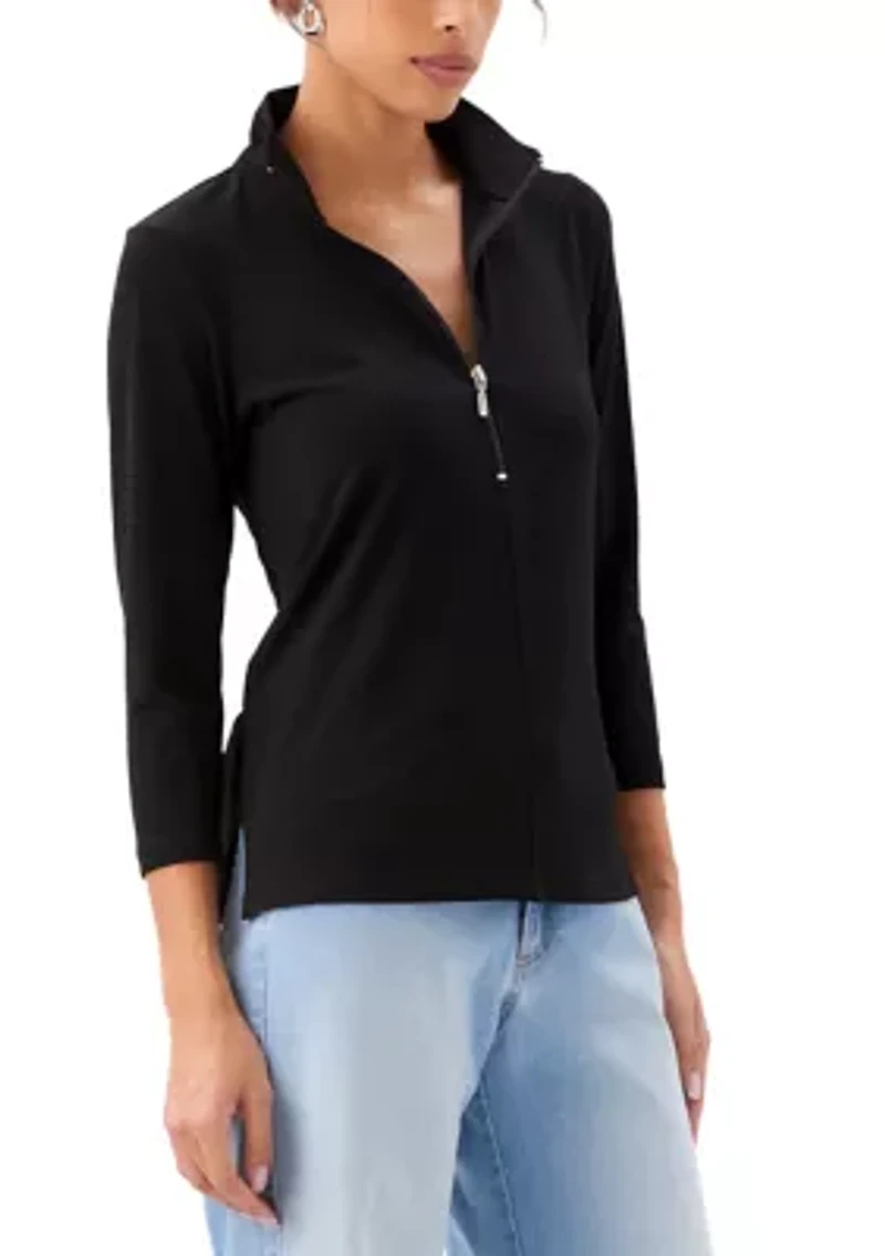 Petite Three-Quarter Sleeve Zip-Up Travel Top
