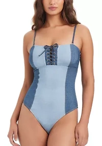 Denim Dream Two Toned Lace Up One Piece Swimsuit