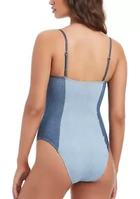 Denim Dream Two Toned Lace Up One Piece Swimsuit