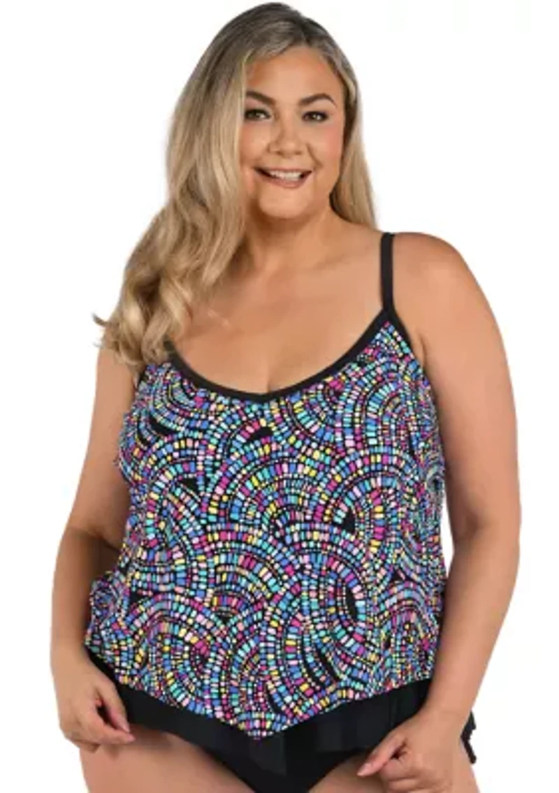 Plus Color Burst Flutter Tankini Swim Top
