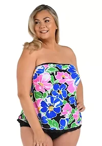 Plus Summer Splash Ruffled Bandeau Tankini Swim Top
