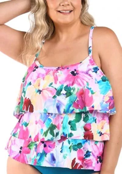 Plus Spring Bouquet Floral Triple Tiered Tankini Swim Top