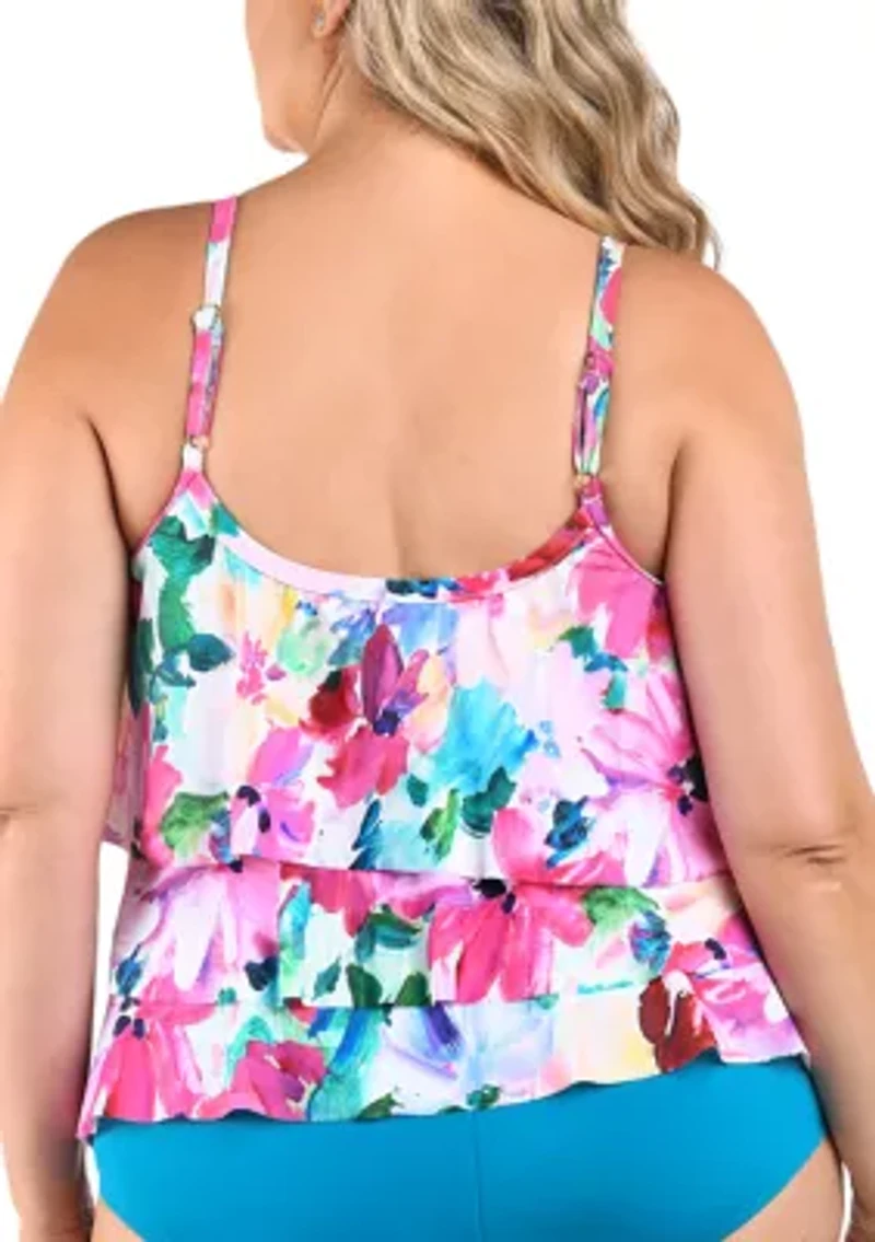 Plus Spring Bouquet Floral Triple Tiered Tankini Swim Top