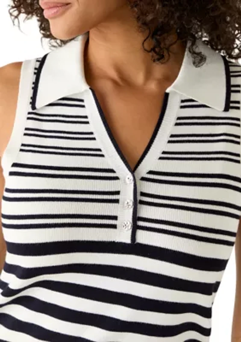 Women's Sleeveless Collared Striped Knit Top