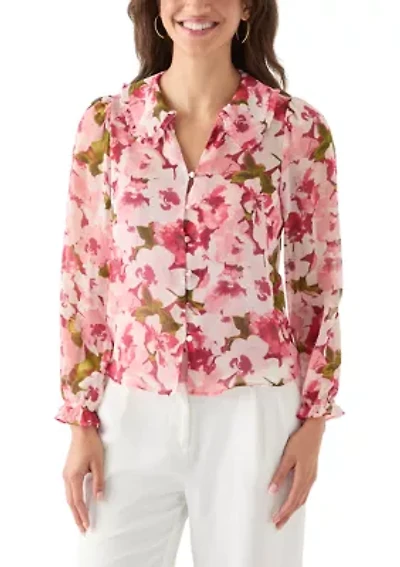 Women's Printed Button-Front Floral Blouse