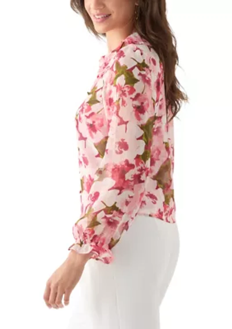 Women's Printed Button-Front Floral Blouse