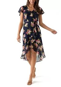 Women's Printed Flutter Sleeve High Low Faux Wrap Dress