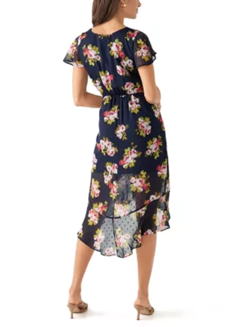 Women's Printed Flutter Sleeve High Low Faux Wrap Dress